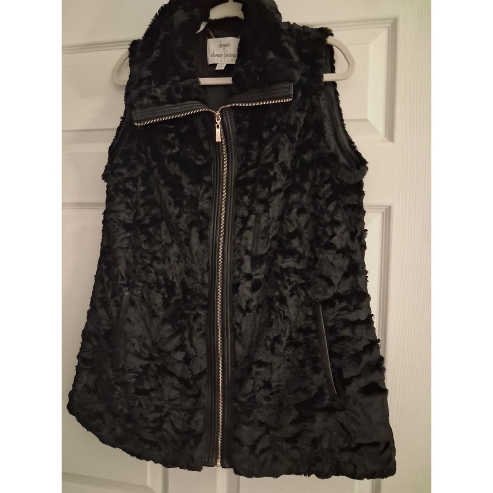 Dennis Basso Faux Fur Jacket Vest Zip-Off Leather Sleeves Black Statement Glam - Picture 9 of 16